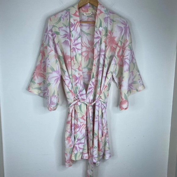 VICTORIA'S SECRET Robe Vintage Gold Label Floral Kimono Cottagecore Pastel 90s - Picture 1 of 9